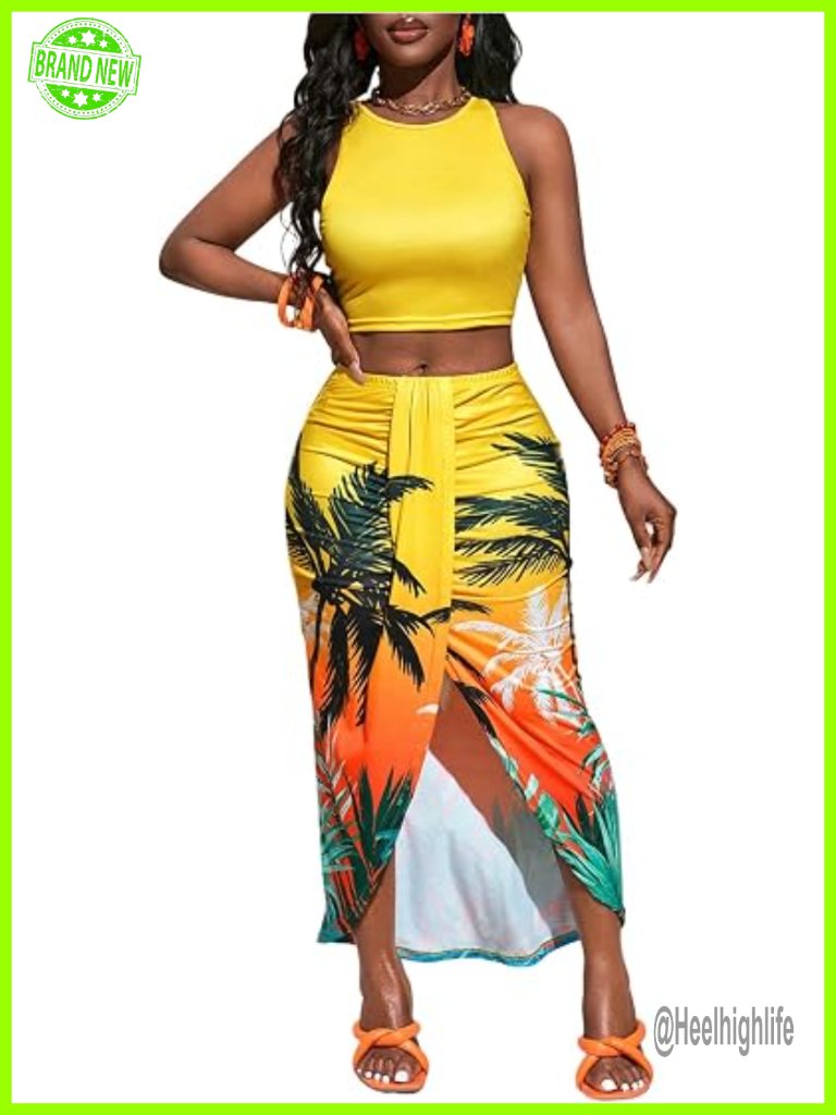 Plus Size 2 Piece Boho Outfits Crop Tank Top Skirt Set
